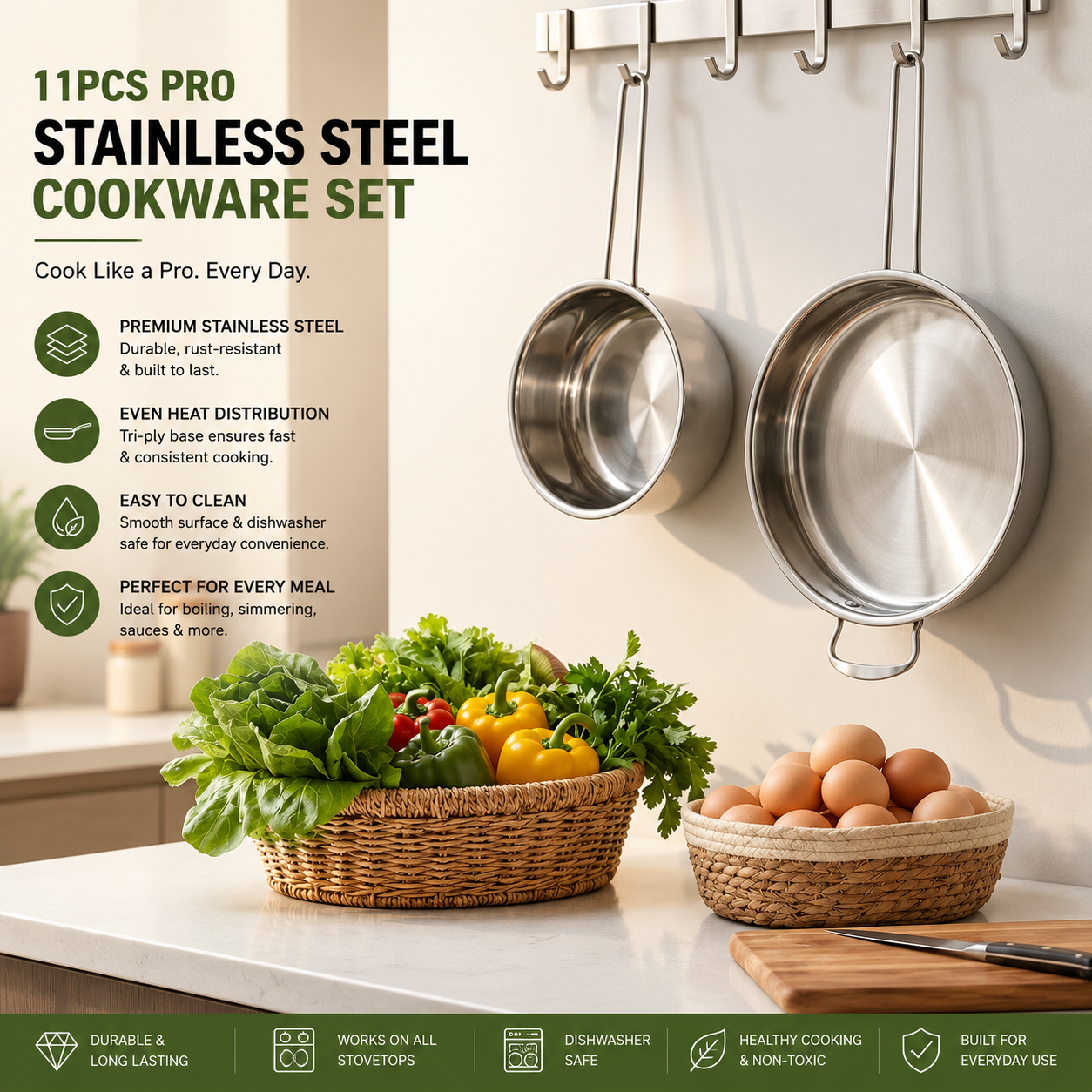 11-Piece Stainless Steel Pots and Pans Set, 500°F Oven Safe, Everyday Cooking, Silver