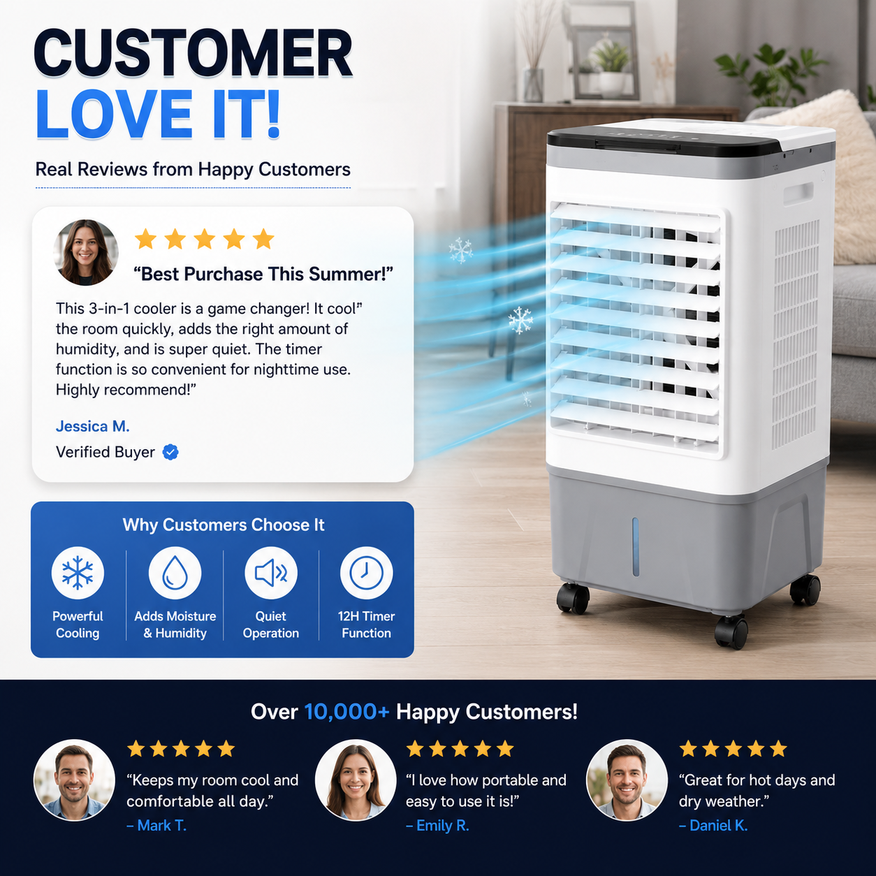 3-in-1 Swamp Cooler Portable Air Fan with Humidifier & Timer