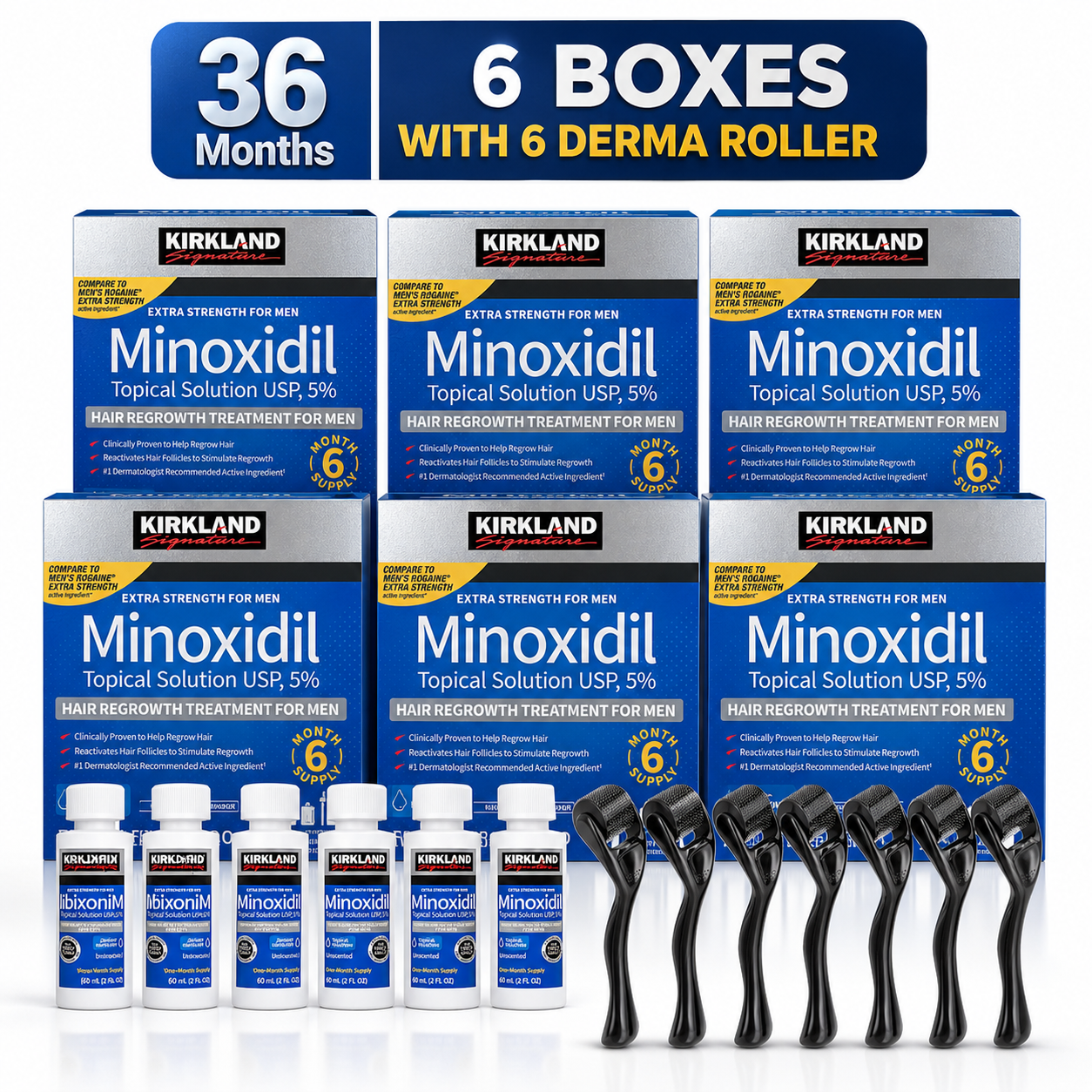 Kirkland 5% Minoxidil with Derma Roller - 6 Month Hair Regrowth Kit Set