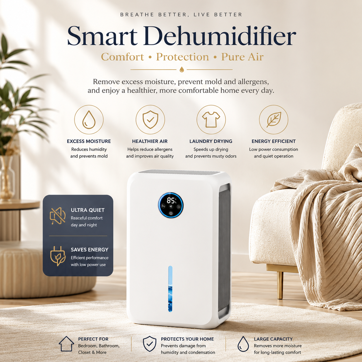 Portable Quiet Dehumidifier for Home, Bedroom, Bathroom & Closet