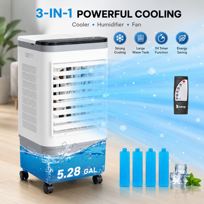 3-in-1 Swamp Cooler Portable Air Fan with Humidifier & Timer