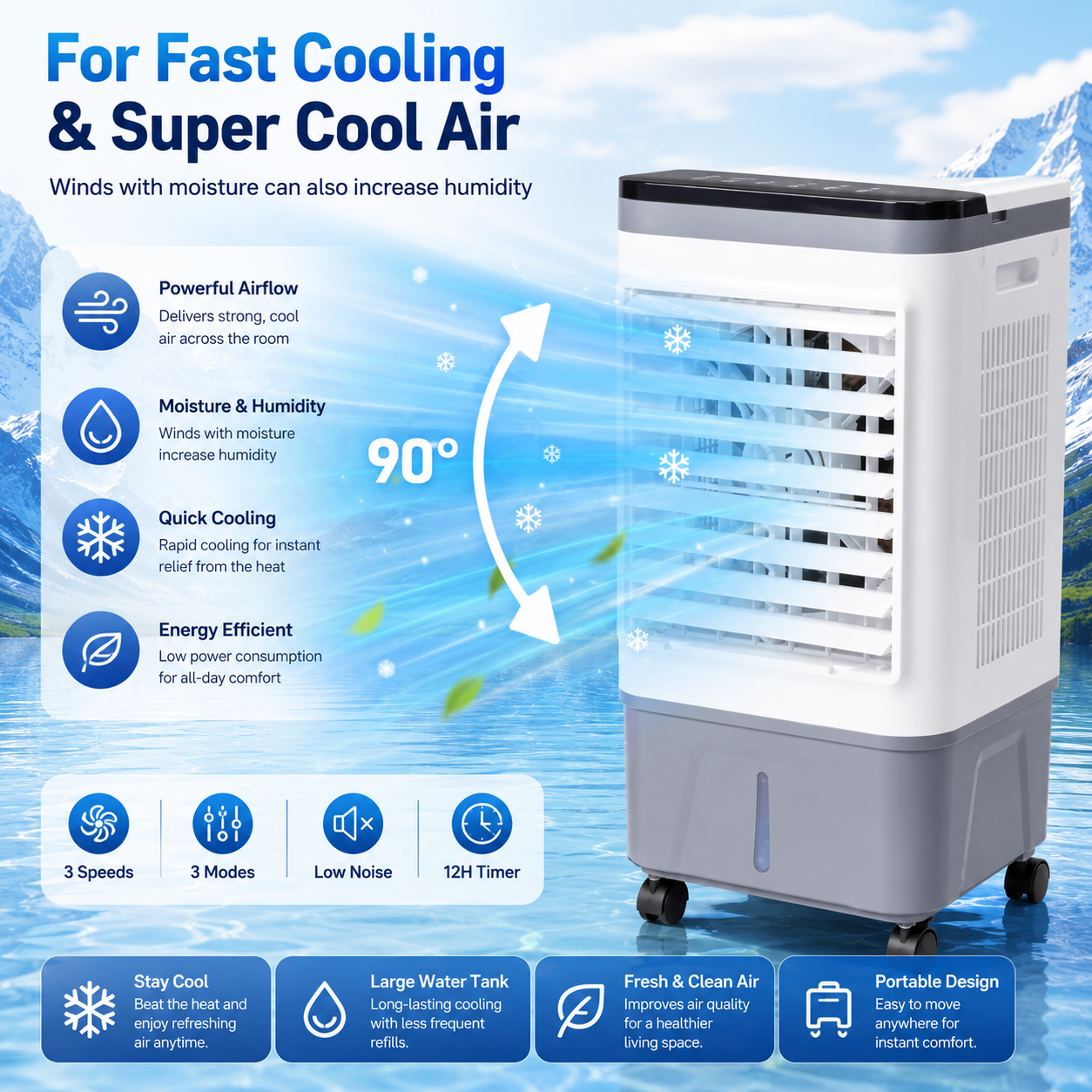 3-in-1 Swamp Cooler Portable Air Fan with Humidifier & Timer