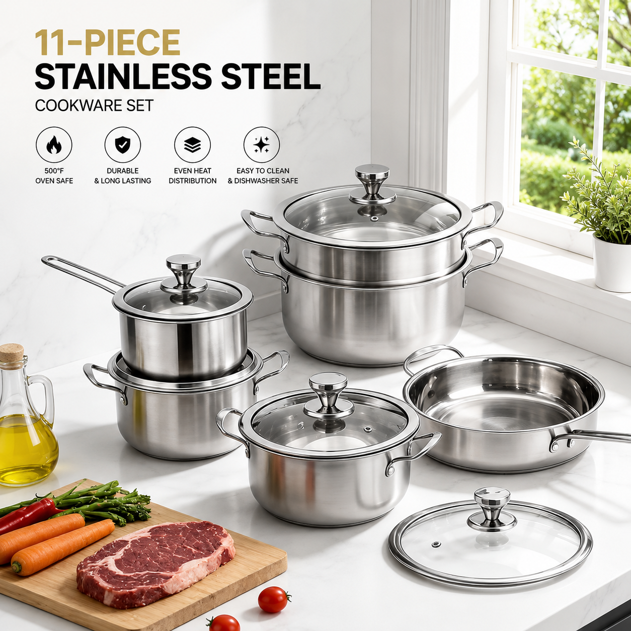 11-Piece Stainless Steel Pots and Pans Set, 500°F Oven Safe,  Everyday Cooking, Silver