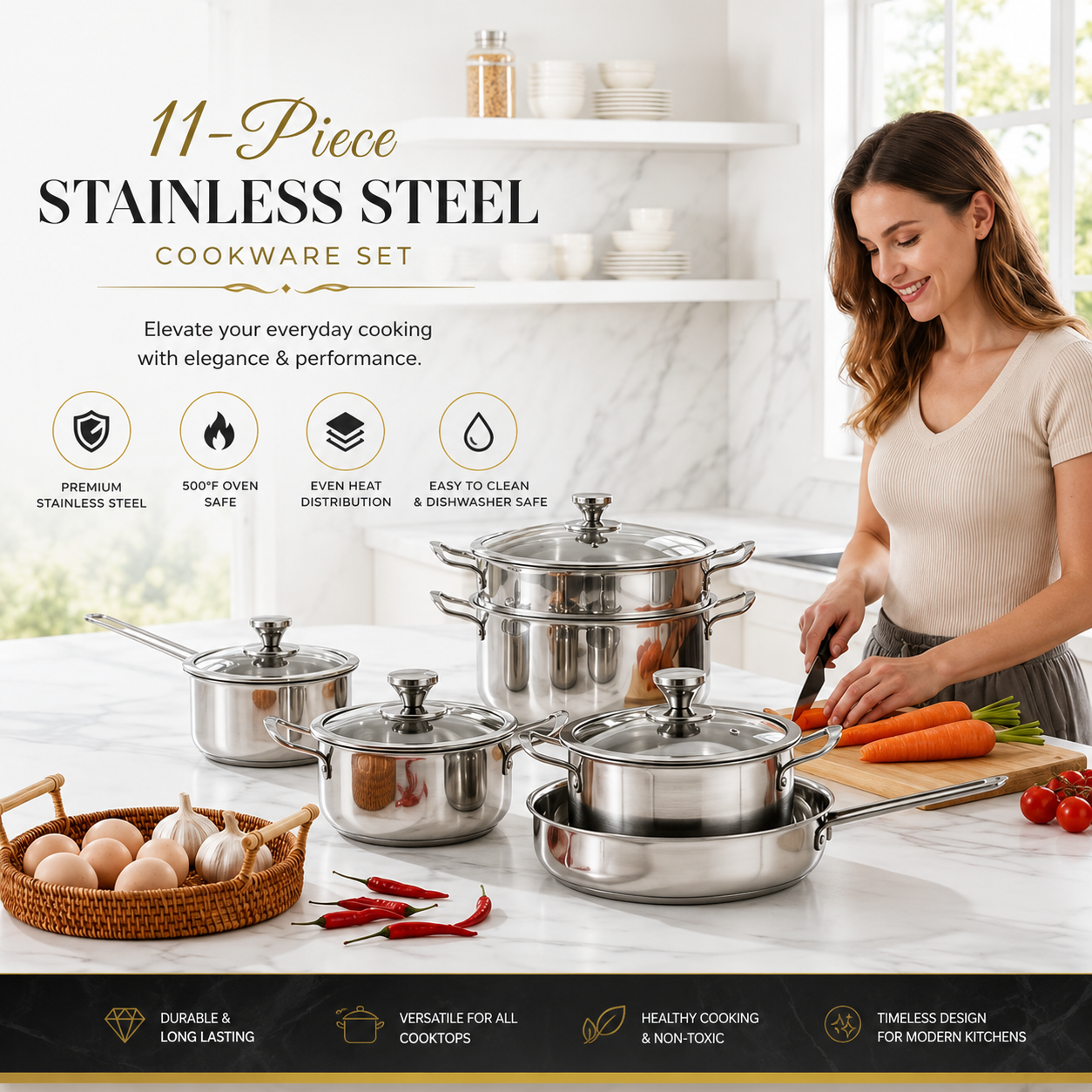 11-Piece Stainless Steel Pots and Pans Set, 500°F Oven Safe,  Everyday Cooking, Silver