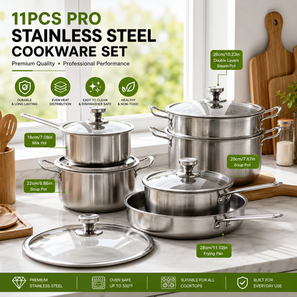 11-Piece Stainless Steel Pots and Pans Set, 500°F Oven Safe,  Everyday Cooking, Silver