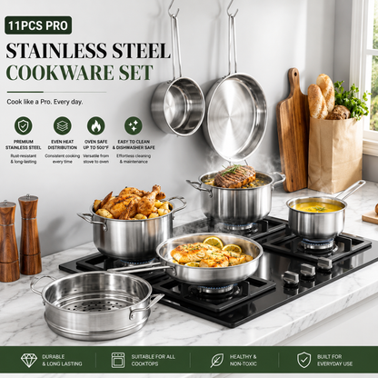 11-Piece Stainless Steel Pots and Pans Set, 500°F Oven Safe,  Everyday Cooking, Silver