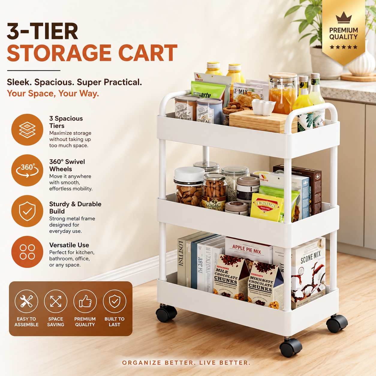 3-Tier Storage Trolley Cart with Wheels – Durable Rolling Organizer for Household