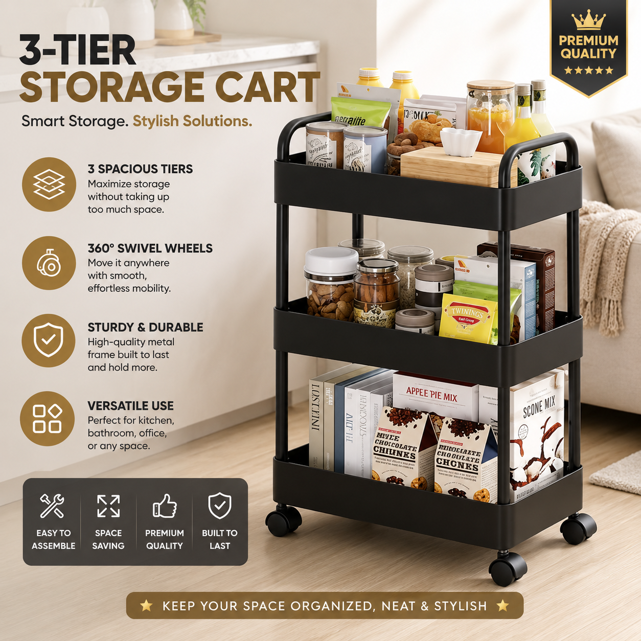 3-Tier Storage Trolley Cart with Wheels – Durable Rolling Organizer for Household