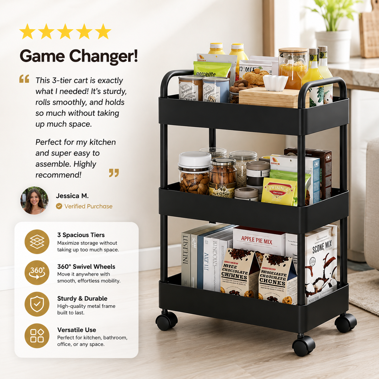 3-Tier Storage Trolley Cart with Wheels – Durable Rolling Organizer for Household