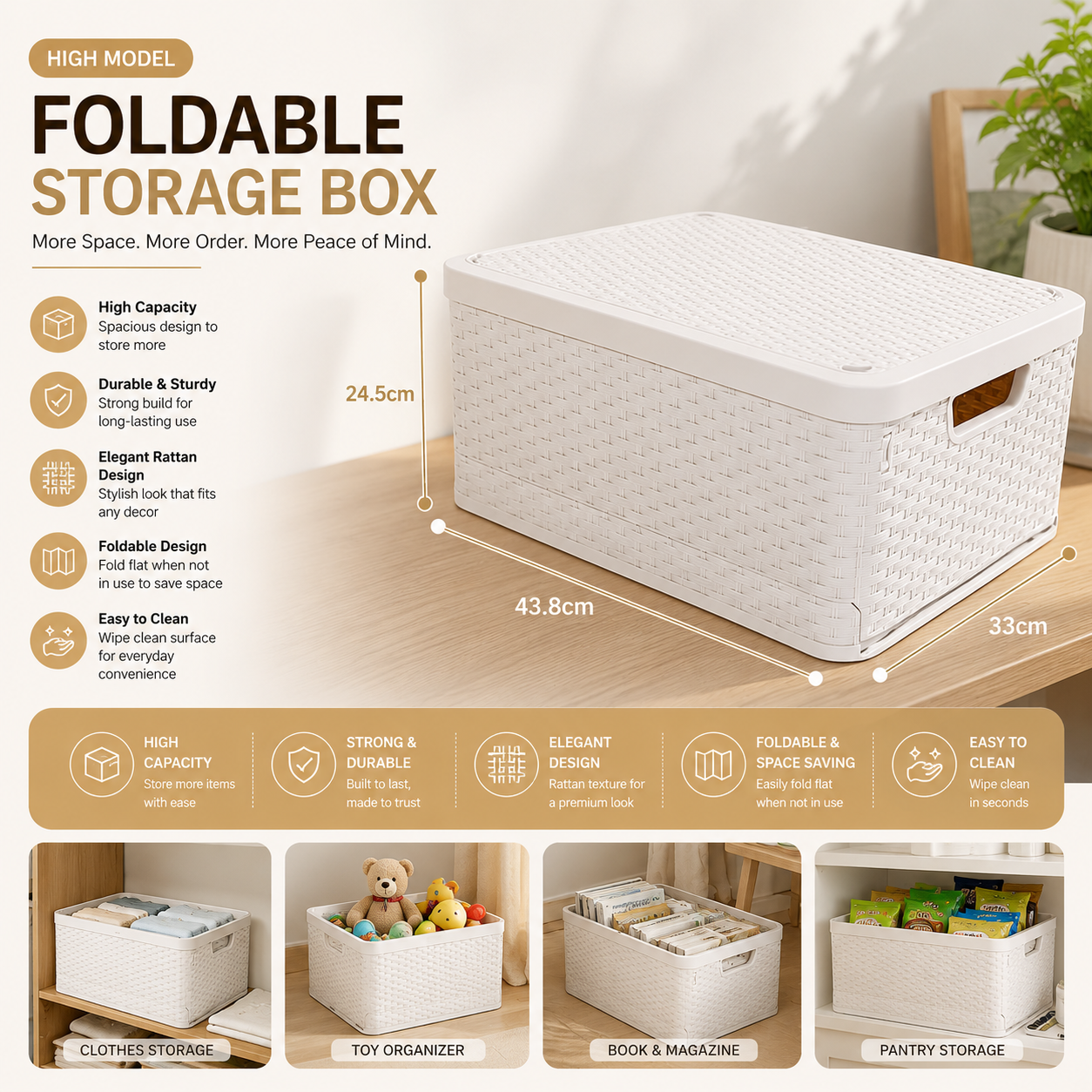 Foldable Storage Box with Lid – Organizer for Clothes, Toys & Household Items