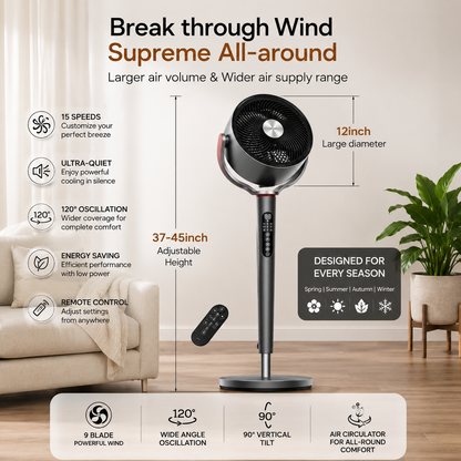 Ultra-Quiet Bedroom Pedestal Fan with Remote, 15 Speeds & 120° Oscillation