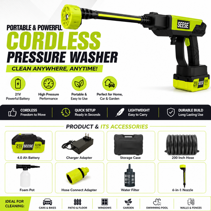 SEESE Cordless Pressure Washer – Portable Car, Home & Garden Cleaner