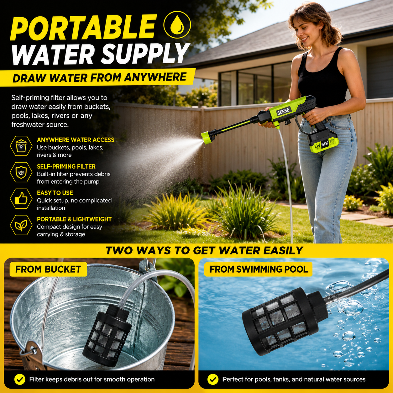 SEESE Cordless Pressure Washer – Portable Car, Home & Garden Cleaner