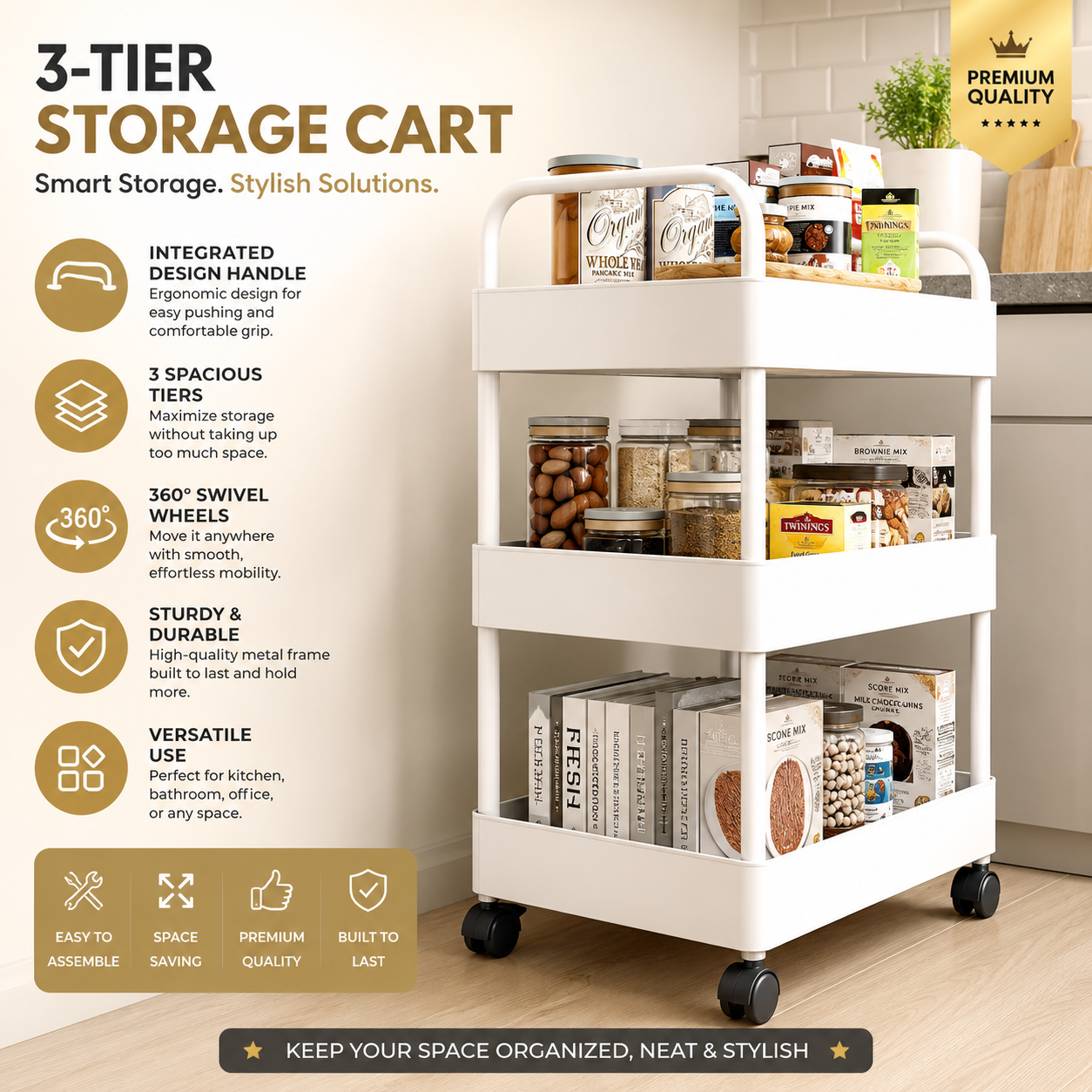 3-Tier Storage Trolley Cart with Wheels – Durable Rolling Organizer for Household