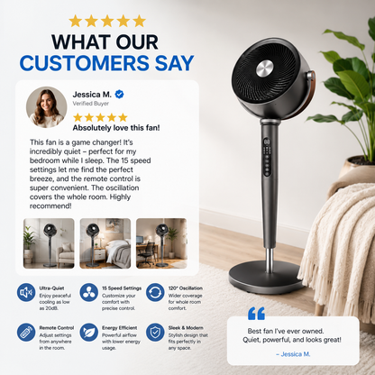 Ultra-Quiet Bedroom Pedestal Fan with Remote, 15 Speeds & 120° Oscillation